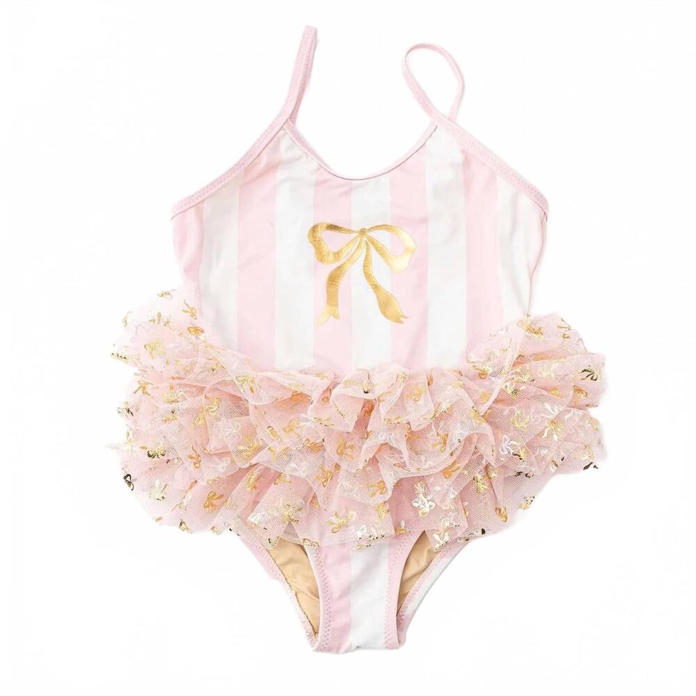 NEW SHADE CRITTERS girl's skirted one piece bathingsuit in blush bow stripe tutu